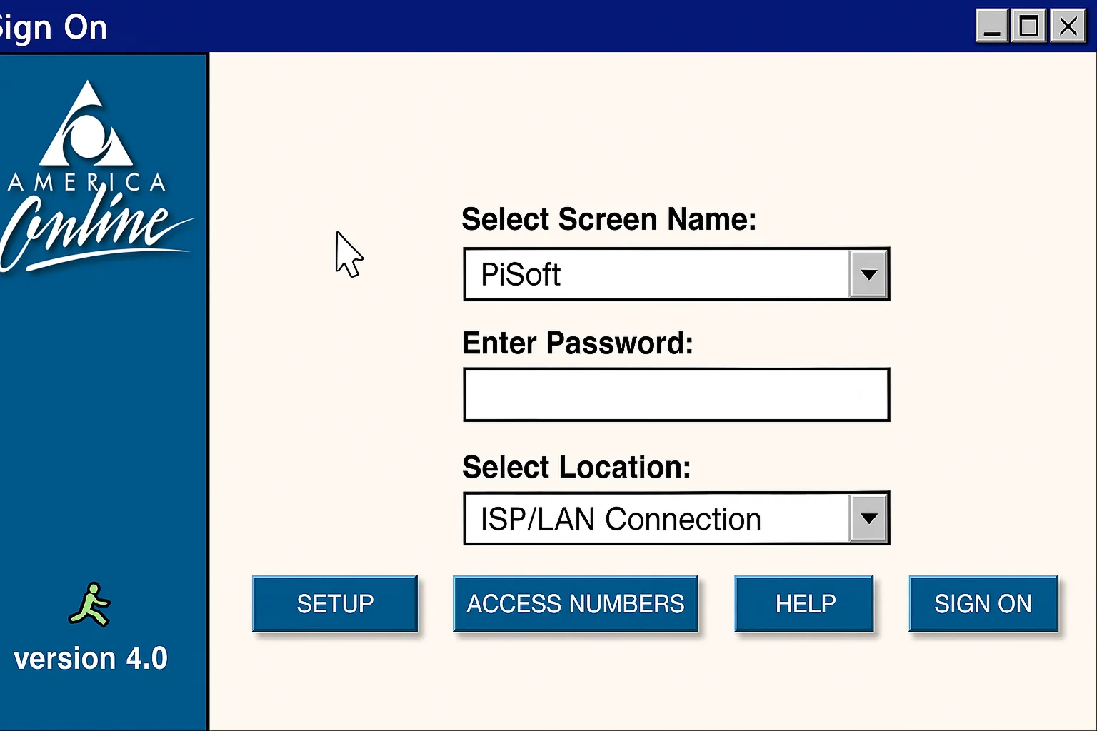 The America Online login screen