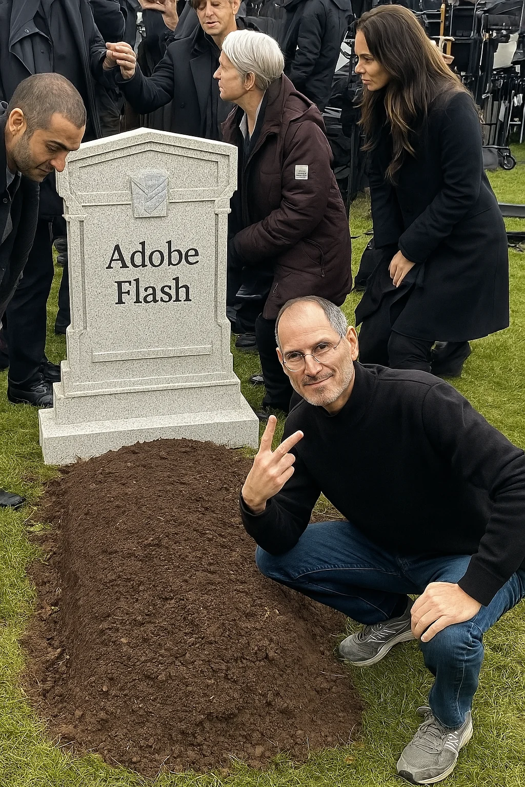 Steve Jobs beside an Adobe Flash gravestone